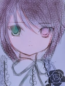 Rating: Safe Score: 0 Tags: 1girl closed_mouth eyebrows_visible_through_hair flower frills green_eyes hariruri image looking_at_viewer rose short_hair simple_background solo souseiseki User: admin
