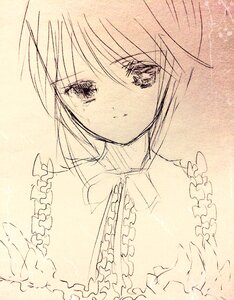 Rating: Safe Score: 0 Tags: 1girl bangs closed_mouth eyebrows_visible_through_hair frills hariruri image looking_at_viewer monochrome short_hair smile solo souseiseki upper_body User: admin