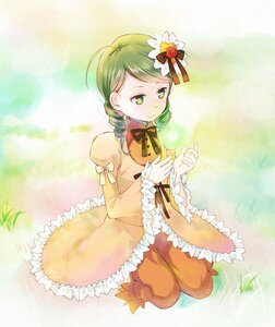 Rating: Safe Score: 0 Tags: 1girl blush dress flower frills green_eyes green_hair hair_ornament image kanaria kneeling long_sleeves ribbon solo User: admin