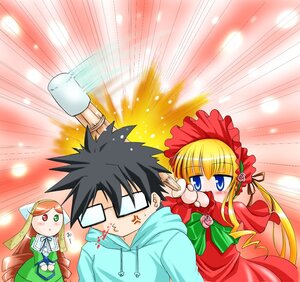 Rating: Safe Score: 0 Tags: 1boy 1girl :< blonde_hair blue_eyes bonnet dress drill_hair flower green_bow green_dress heterochromia hood image long_hair long_sleeves pair pink_rose red_dress rose sakurada_jun shinku spiked_hair suiseiseki very_long_hair User: admin