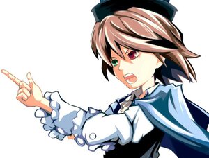 Rating: Safe Score: 0 Tags: 1girl black_headwear brown_hair frills hat heterochromia image index_finger_raised long_sleeves open_mouth pointing red_eyes solo souseiseki upper_body User: admin