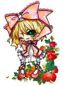 Rating: Safe Score: 0 Tags: 1girl apple blonde_hair bow cherry chibi dress food food_print fruit green_eyes hina_ichigo hinaichigo image object_namesake one_eye_closed pink_bow short_hair solo standing strawberry strawberry_print white_background User: admin