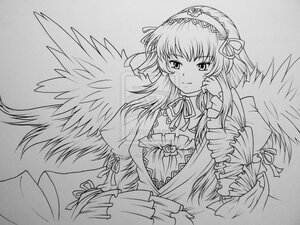 Rating: Safe Score: 0 Tags: 1girl angel_wings auto_tagged blush detached_collar dress feathered_wings frills greyscale hairband image long_hair long_sleeves looking_at_viewer monochrome ribbon solo suigintou traditional_media wings User: admin