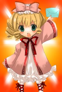 Rating: Safe Score: 0 Tags: 1girl :o blonde_hair blush bow dress drill_hair frills green_eyes hina_ichigo hinaichigo image long_sleeves looking_at_viewer open_mouth orange_background pink_bow short_hair solo standing sunset User: admin