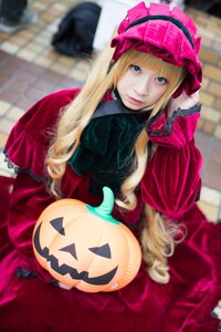 Rating: Safe Score: 0 Tags: 1girl bangs blonde_hair blue_eyes blurry blurry_background blurry_foreground bonnet depth_of_field dress frills hat jack-o'-lantern lolita_fashion long_hair looking_at_viewer photo pumpkin red_dress shinku sitting smile solo User: admin
