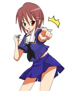 Rating: Safe Score: 0 Tags: 1girl blush cowboy_shot green_eyes heterochromia image looking_at_viewer open_mouth outstretched_arm pointing red_eyes school_uniform serafuku simple_background skirt solo souseiseki white_background User: admin