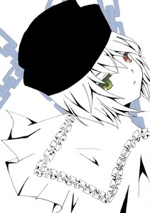 Rating: Safe Score: 0 Tags: 1girl bangs chain chained frills green_eyes hat heterochromia image jack_the_ripper_(fate/apocrypha) looking_at_viewer monochrome red_eyes short_hair solo souseiseki striped white_background User: admin