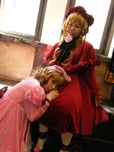 Rating: Safe Score: 0 Tags: 2girls blonde_hair blue_eyes curtains dress flower indoors long_sleeves looking_at_viewer multiple_cosplay multiple_girls pink_dress pink_flower pink_rose red_dress rose sitting tagme window User: admin