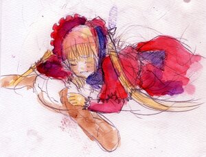 Rating: Explicit Score: 0 Tags: 1girl blonde_hair bonnet closed_eyes dress frills image long_hair long_sleeves lying on_stomach red_dress shinku sleeping solo User: admin