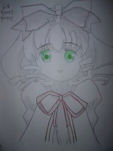 Rating: Safe Score: 0 Tags: 1girl artist_name bow dated dress drill_hair eyebrows_visible_through_hair green_eyes hina_ichigo hinaichigo image long_hair looking_at_viewer monochrome open_mouth photo ribbon signature simple_background smile solo traditional_media User: admin