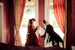 Rating: Safe Score: 0 Tags: 2girls black_dress blonde_hair cross curtain_grab curtains dress hat indoors long_hair looking_at_another multiple_cosplay multiple_girls red_dress standing tagme window User: admin