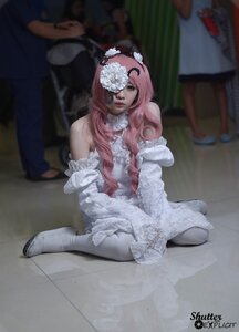 Rating: Safe Score: 0 Tags: 1girl bare_shoulders blurry doll_joints dress elbow_gloves flower hair_flower hair_ornament indoors joints kirakishou lace lips long_hair photo pink_hair realistic signature sitting solo wariza white_dress white_flower User: admin
