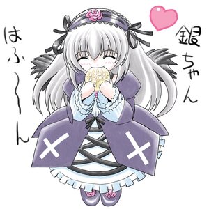 Rating: Safe Score: 0 Tags: 1girl black_wings blush bread chibi closed_eyes dress eating flower food frills full_body hairband heart image imai_kazunari long_hair long_sleeves melon_bread rose rozen_maiden silver_hair solo standing suigintou white_background wings User: admin