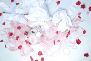 Rating: Safe Score: 0 Tags: 1girl dress flower green_eyes kirakishou long_hair petals pink_hair red_flower red_rose rose rose_petals solo very_long_hair white_dress User: admin