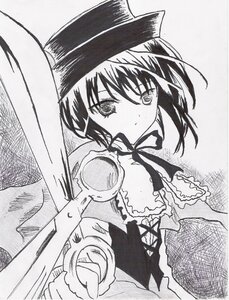 Rating: Safe Score: 0 Tags: 1girl greyscale hat holding_weapon image long_sleeves looking_at_viewer monochrome ribbon short_hair simple_background solo souseiseki sword traditional_media upper_body weapon User: admin