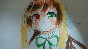 Rating: Safe Score: 0 Tags: 1girl bangs bow braid brown_hair closed_mouth collared_shirt eyebrows_visible_through_hair green_bow green_eyes green_neckwear green_ribbon image looking_at_viewer neck_ribbon red_eyes ribbon shirt smile solo suiseiseki traditional_media upper_body white_shirt User: admin