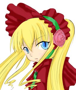 Rating: Safe Score: 0 Tags: 1girl blonde_hair blue_eyes bonnet bow dress flower image long_hair long_sleeves looking_at_viewer pink_rose ribbon rose shinku sidelocks simple_background solo upper_body white_background User: admin