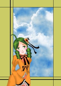 Rating: Safe Score: 0 Tags: 1girl ahoge auto_tagged blush cloud day dress drill_hair flower green_eyes green_hair hair_ornament image kanaria long_sleeves orange_dress ribbon sky smile solo User: admin