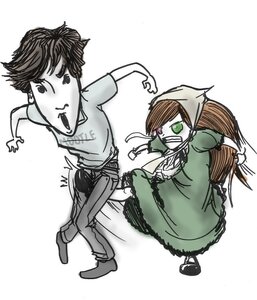 Rating: Safe Score: 0 Tags: 1boy 1girl apron brown_hair dress green_eyes image long_hair simple_background solo suiseiseki white_background User: admin