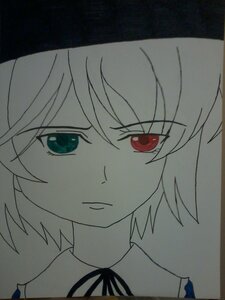 Rating: Safe Score: 0 Tags: 1girl closed_mouth eyebrows_visible_through_hair face frown green_eyes image looking_at_viewer red_eyes ribbon short_hair simple_background solo souseiseki User: admin
