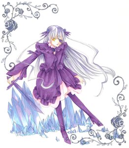 Rating: Safe Score: 0 Tags: 1girl auto_tagged barasuishou black_legwear crystal dress full_body holding image layered_sleeves long_hair long_sleeves purple_dress ribbon silver_hair simple_background solo standing thighhighs very_long_hair white_background yellow_eyes User: admin