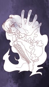 Rating: Safe Score: 0 Tags: 1girl dress hair_ornament image kirakishou long_hair monochrome outstretched_hand smile smoke solo spot_color twintails two_side_up User: admin