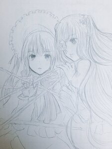 Rating: Safe Score: 0 Tags: 2girls dress flower hair_ornament holding_umbrella image kirakishou long_hair looking_at_viewer monochrome multiple_girls pair parasol shared_umbrella shinku sketch traditional_media umbrella User: admin