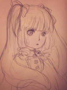 Rating: Safe Score: 0 Tags: 1girl bangs blunt_bangs bow brooch brown_background dress eyebrows_visible_through_hair hair_ribbon image long_hair looking_at_viewer monochrome parted_lips ribbon shinku simple_background sketch solo traditional_media upper_body User: admin