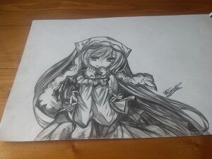 Rating: Safe Score: 0 Tags: 1girl auto_tagged dress graphite_(medium) greyscale hat image long_hair long_sleeves looking_at_viewer millipen_(medium) monochrome photo shikishi signature solo suiseiseki traditional_media very_long_hair wide_sleeves User: admin