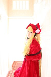 Rating: Safe Score: 0 Tags: 1girl blonde_hair blue_eyes bonnet bookshelf bow dress flower indoors long_hair long_sleeves red_dress shinku solo User: admin