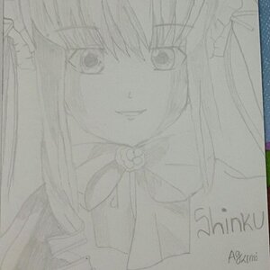 Rating: Safe Score: 0 Tags: 1girl bow closed_mouth greyscale image looking_at_viewer monochrome ribbon shinku smile solo traditional_media User: admin