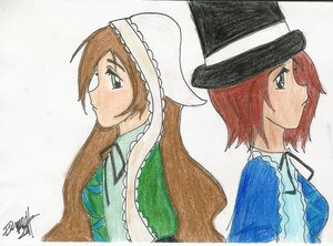 Rating: Safe Score: 0 Tags: 2girls blue_dress brown_hair dress frills green_eyes hat image long_hair marker_(medium) multiple_girls pair profile red_hair ribbon short_hair siblings signature simple_background sisters souseiseki suiseiseki top_hat traditional_media twins User: admin