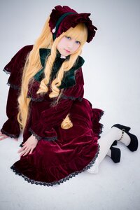 Rating: Safe Score: 0 Tags: 1girl bangs blonde_hair blue_eyes bonnet dress frills full_body grey_background lips lolita_fashion long_hair long_sleeves looking_at_viewer red_dress shinku shoes sitting solo white_legwear User: admin