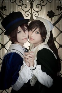 Rating: Safe Score: 0 Tags: 2girls brown_hair green_eyes hat holding_hands interlocked_fingers lips long_hair looking_at_viewer multiple_cosplay multiple_girls short_hair sisters souseiseki suiseiseki tagme yuri User: admin