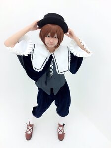 Rating: Safe Score: 0 Tags: 1girl arms_up blue_eyes brown_hair capelet full_body hat lips looking_at_viewer short_hair smile solo souseiseki striped vertical_stripes User: admin