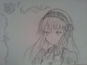 Rating: Safe Score: 0 Tags: 1girl bangs closed_mouth dress eyebrows_visible_through_hair flower graphite_(medium) greyscale hair_between_eyes hairband image long_hair looking_at_viewer monochrome ribbon rose simple_background solo suigintou traditional_media upper_body User: admin