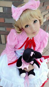 Rating: Safe Score: 0 Tags: 1girl apron blonde_hair blue_eyes blurry cat depth_of_field dress frills hat hinaichigo lips looking_at_viewer photo pink_dress ribbon solo stuffed_animal underwear User: admin