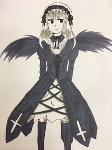Rating: Safe Score: 0 Tags: 1girl bangs black_legwear black_ribbon black_wings blunt_bangs cross dress feathered_wings frills hairband image long_hair long_sleeves looking_at_viewer ribbon simple_background solo standing suigintou wings User: admin