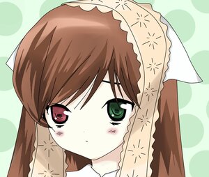 Rating: Safe Score: 0 Tags: 1girl bangs blush brown_hair green_background green_eyes image looking_at_viewer polka_dot polka_dot_background portrait red_eyes solo suiseiseki User: admin