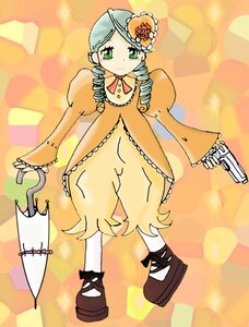 Rating: Safe Score: 0 Tags: 1girl dress drill_hair dual_wielding full_body green_eyes gun holding image kanaria long_sleeves solo standing twin_drills umbrella weapon white_legwear User: admin