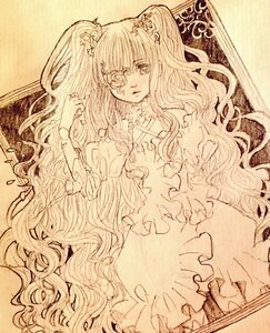 Rating: Safe Score: 0 Tags: 1girl dress eyepatch flower frills hair_ornament image kirakishou long_hair looking_at_viewer monochrome rose solo traditional_media very_long_hair wavy_hair User: admin