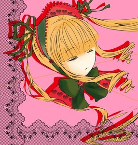 Rating: Safe Score: 0 Tags: 1girl blonde_hair bow closed_eyes drill_hair image long_hair pink_background shinku sleeping solo User: admin