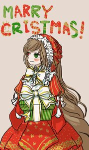 Rating: Safe Score: 0 Tags: 1girl bow brown_hair dress frills gift green_eyes heterochromia image long_hair long_sleeves red_eyes solo suiseiseki very_long_hair User: admin