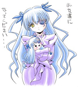 Rating: Safe Score: 0 Tags: 1girl barasuishou blush_stickers chibi doll dress image long_hair long_sleeves looking_at_viewer open_mouth ribbon silver_hair simple_background solo traditional_media two_side_up very_long_hair white_background white_dress yellow_eyes User: admin