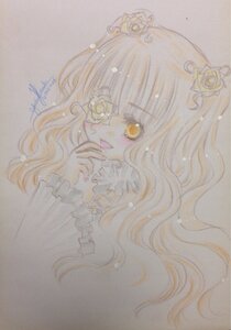 Rating: Safe Score: 0 Tags: 1girl bangs crown dress eyepatch flower frills hair_flower hair_ornament image kirakishou long_hair looking_at_viewer photo rose signature solo traditional_media watercolor_(medium) white_flower yellow_eyes User: admin