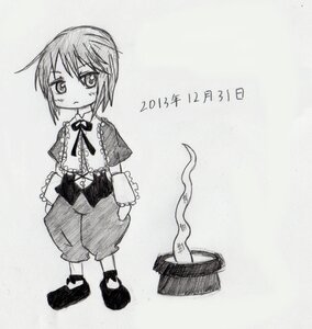 Rating: Safe Score: 0 Tags: 1girl character_name closed_mouth frills full_body greyscale hat image long_sleeves looking_at_viewer monochrome shoes short_hair solo souseiseki standing User: admin