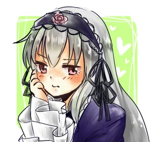 Rating: Safe Score: 0 Tags: 1girl bangs black_ribbon blush closed_mouth dress flower hairband heart image long_hair long_sleeves looking_at_viewer rose silver_hair solo suigintou upper_body User: admin