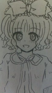 Rating: Safe Score: 0 Tags: 1girl :d blush bow eyebrows_visible_through_hair front_ponytail greyscale hair_bow hinaichigo image kagiyama_hina looking_at_viewer monochrome open_mouth smile solo traditional_media upper_body User: admin