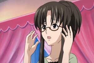 Rating: Safe Score: 0 Tags: 1girl adjusting_eyewear bangs black-framed_eyewear black_hair collarbone glasses human image jewelry kusabue_mitsu long_hair open_mouth ponytail ring screenshot solo upper_body User: admin