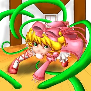Rating: Safe Score: 0 Tags: 1girl blonde_hair bow dress food green_eyes hair_bow hina_ichigo looking_at_viewer pink_bow ribbon solo User: admin